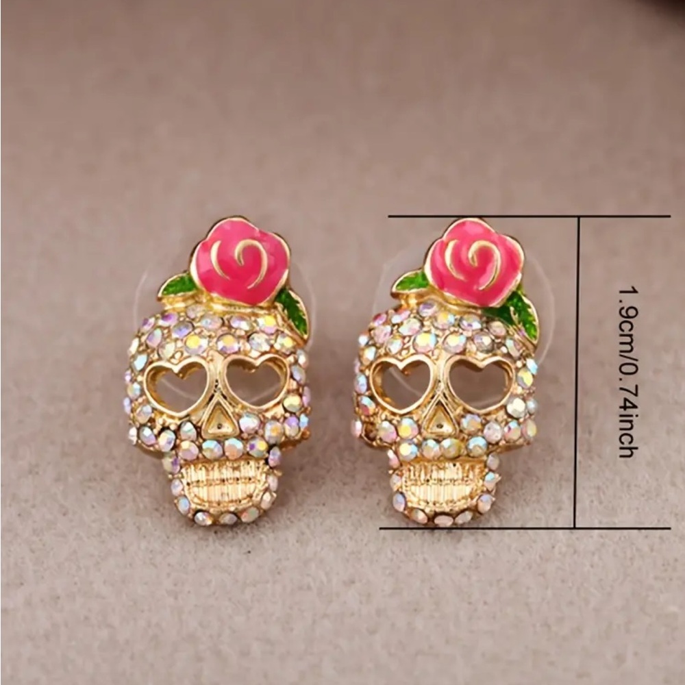 Rose Rhinestone Skull Stud Earrings - Picture 3 of 3